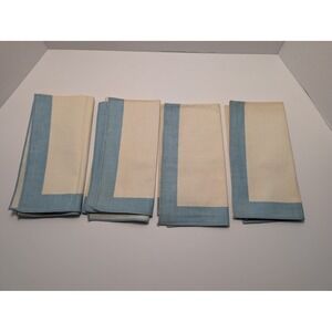 Vtg Set 4 Cream & Light Blue Bordered Linen Cotton Cloth Napkins Square 16.5 in